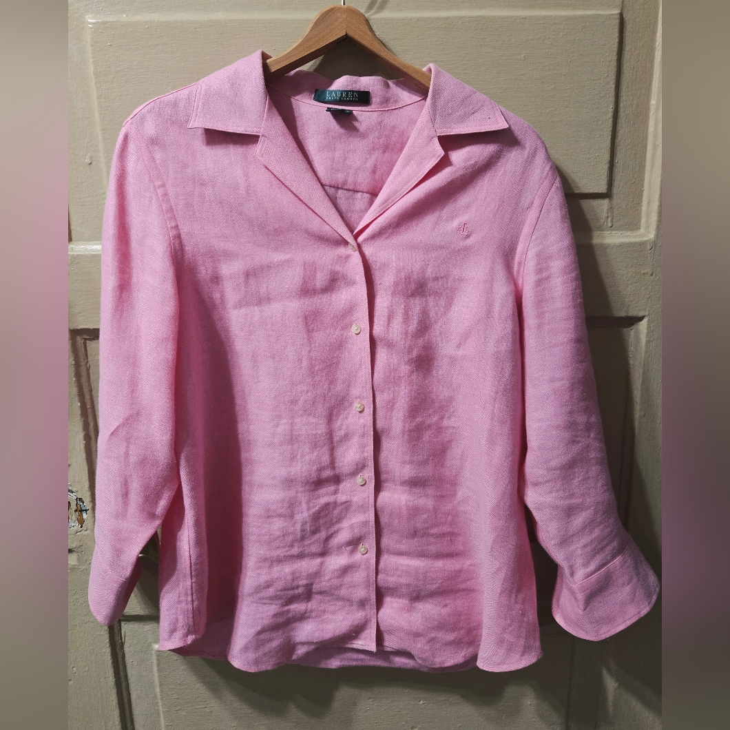 Lauren Ralph Lauren 100% Linen Pink Green Long Sleeve Button Down Shirt